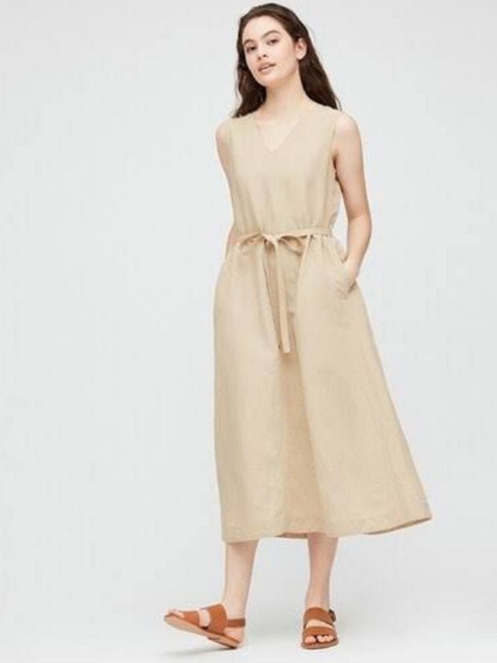 Uniqlo|  Beige Sleeveless Linen Blend V-Neck Tie-Waist Midi Dress